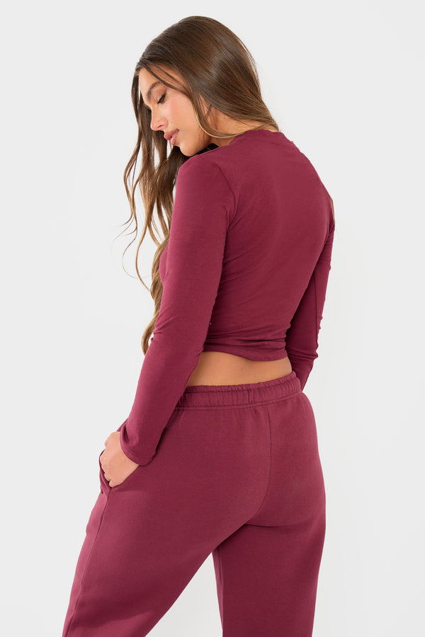 Kaiia Embossed Logo Long Sleeve Baby Tee Dark Cherry