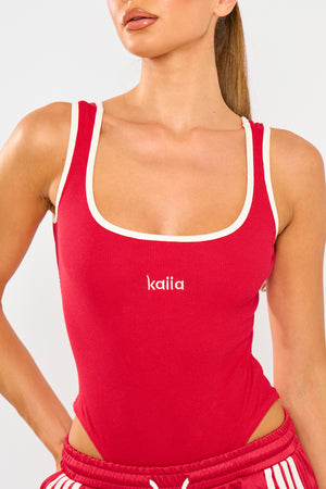 Kaiia Logo Contrast Trim Ribbed Bodysuit Red