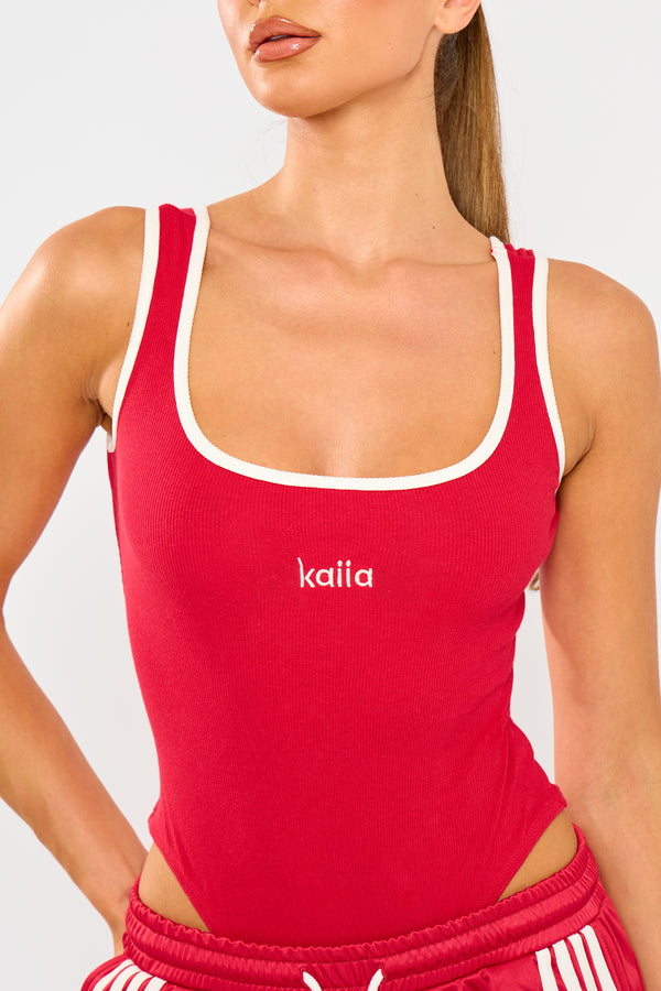 Kaiia Logo Contrast Trim Ribbed Bodysuit Red