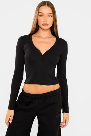 Kaiia Ribbed Henley Long Sleeve Baby Tee Black