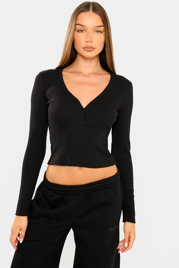 Kaiia Ribbed Henley Long Sleeve Baby Tee Black