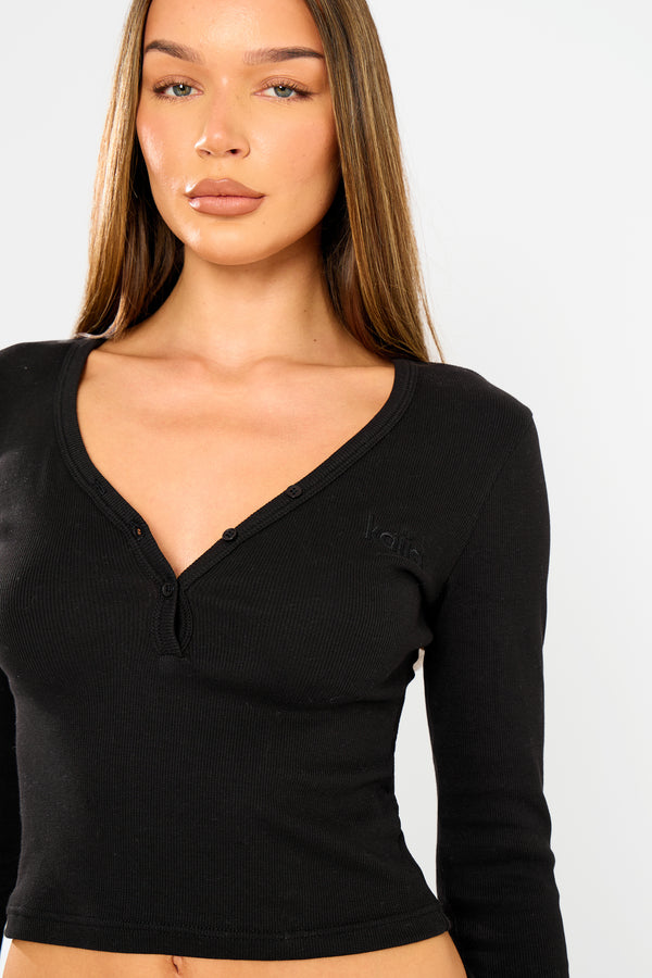 Kaiia Ribbed Henley Long Sleeve Baby Tee Black