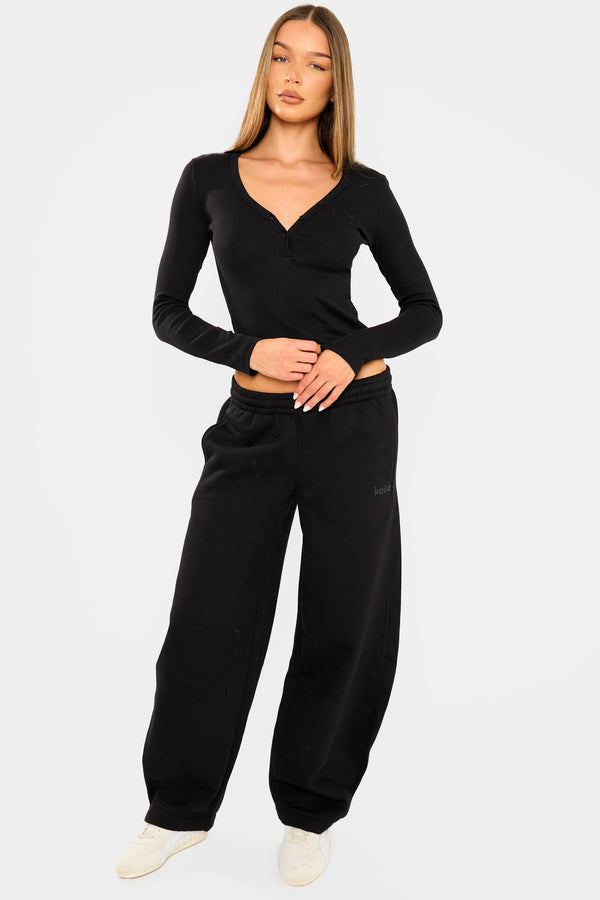 Kaiia Ribbed Henley Long Sleeve Baby Tee Black