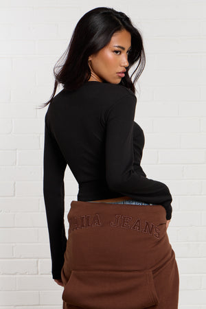 Kaiia Ribbed Henley Long Sleeve Baby Tee Black