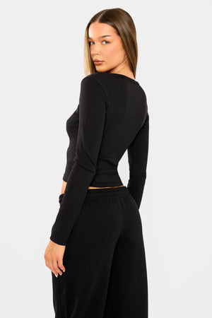 Kaiia Ribbed Henley Long Sleeve Baby Tee Black