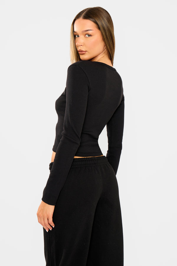 Kaiia Ribbed Henley Long Sleeve Baby Tee Black