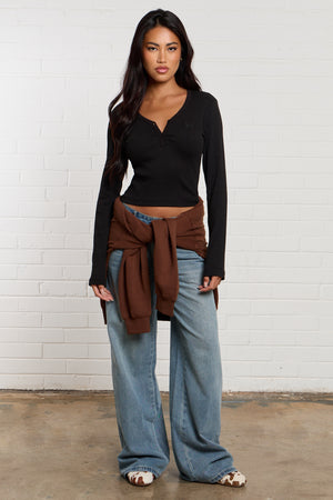 Kaiia Ribbed Henley Long Sleeve Baby Tee Black