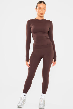 Kaiia Sculpt Long Sleeve Fitted T-Shirt Bitter Chocolate