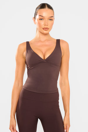 Kaiia Sculpt Cross Over Padded Gym Top Bitter Chocolate
