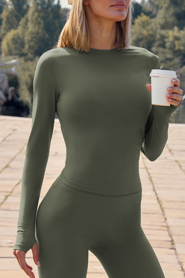 Kaiia Sculpt Long Sleeve Fitted T Shirt Khaki