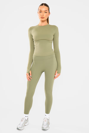 Kaiia Sculpt Long Sleeve Fitted T Shirt Khaki