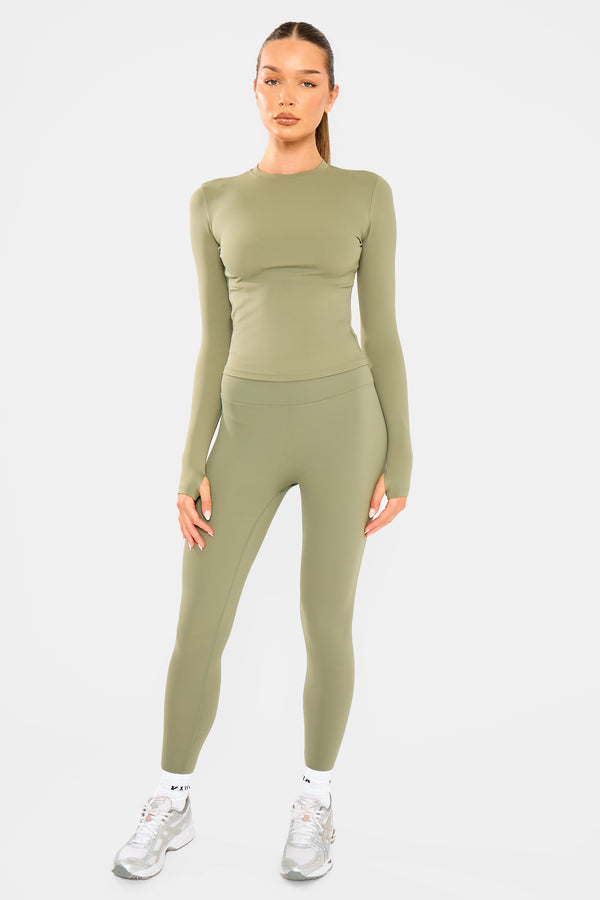 Kaiia Sculpt Long Sleeve Fitted T Shirt Khaki