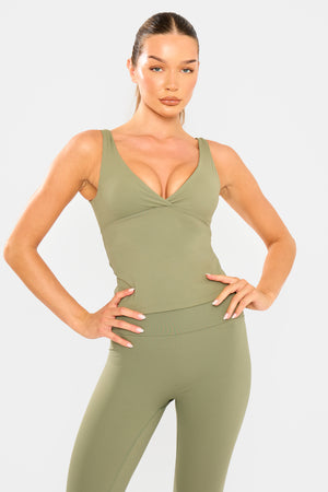 Kaiia Sculpt Cross Over Padded Gym Top Khaki