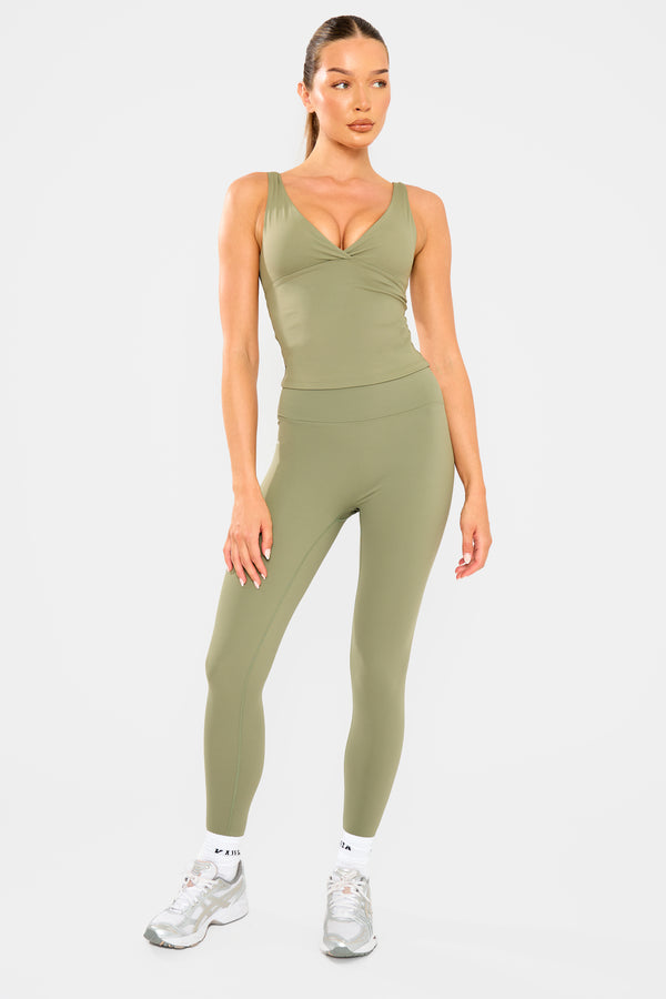 Kaiia Sculpt Cross Over Padded Gym Top Khaki