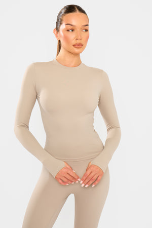 Kaiia Sculpt Long Sleeve Fitted T-Shirt Ash Taupe