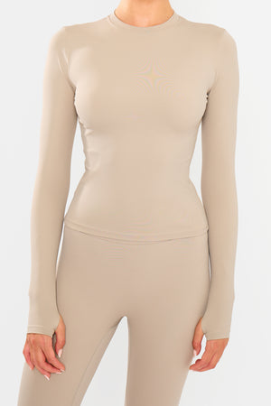 Kaiia Sculpt Long Sleeve Fitted T-Shirt Ash Taupe