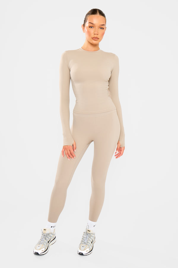Kaiia Sculpt Long Sleeve Fitted T-Shirt Ash Taupe