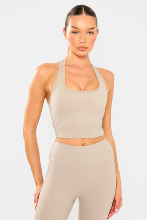 Kaiia Sculpt Halterneck Gym Top Ash Taupe