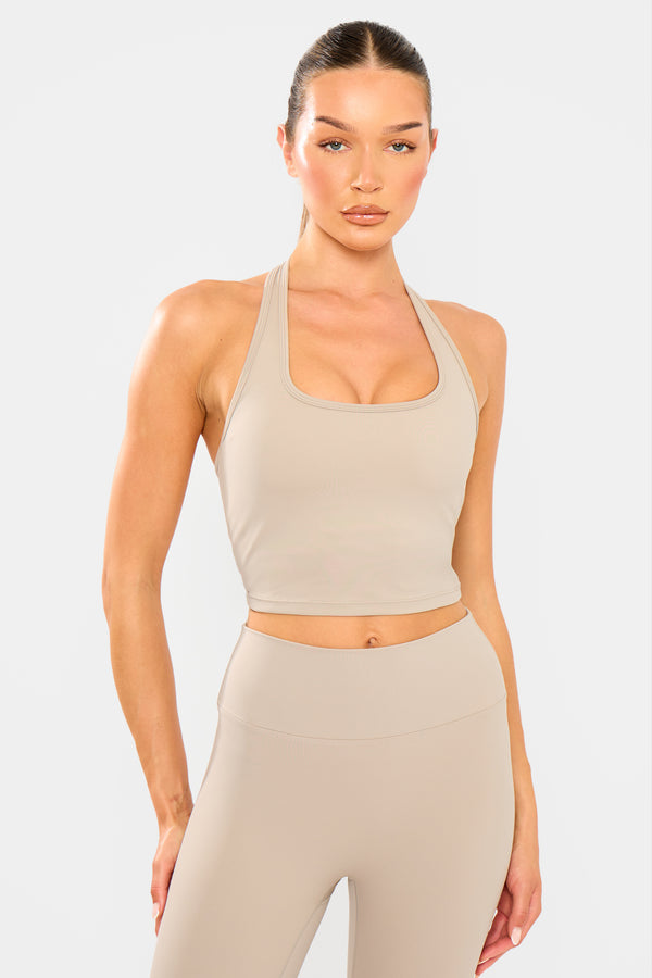 Kaiia Sculpt Halterneck Gym Top Ash Taupe