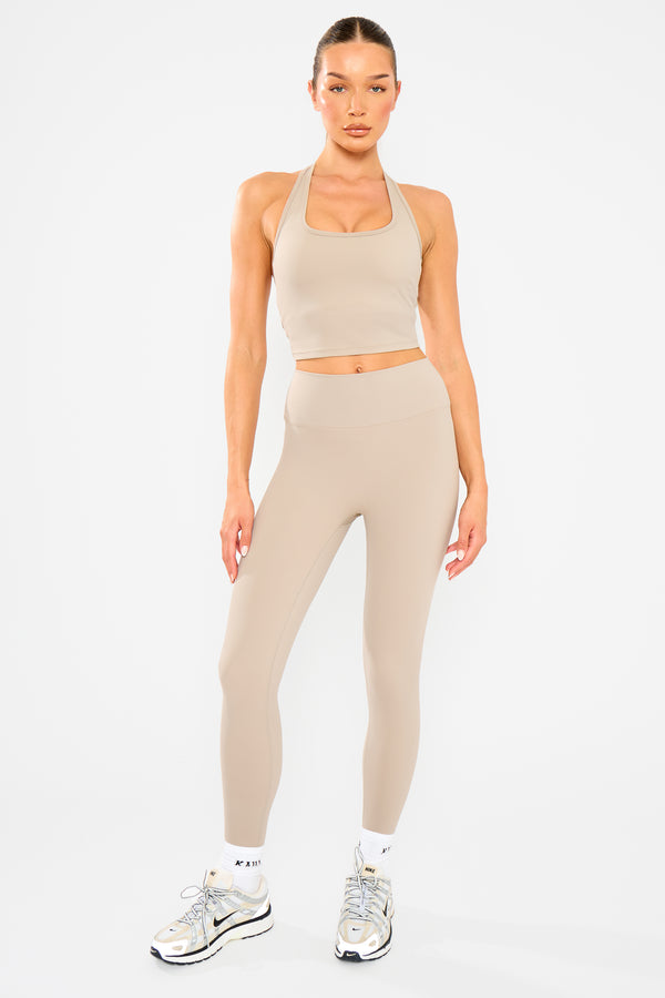 Kaiia Sculpt Halterneck Gym Top Ash Taupe