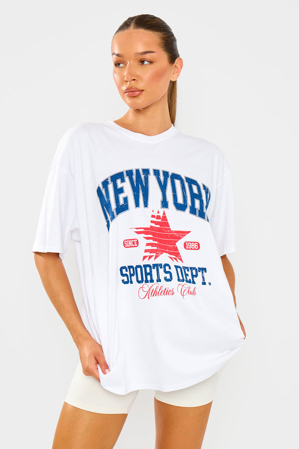 Kaiia Retro Badge Star Print Oversized T-shirt White