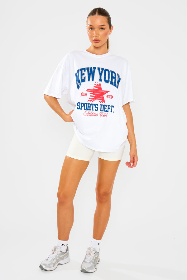 Kaiia Retro Badge Star Print Oversized T-shirt White