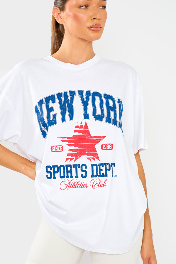 Kaiia Retro Badge Star Print Oversized T-shirt White