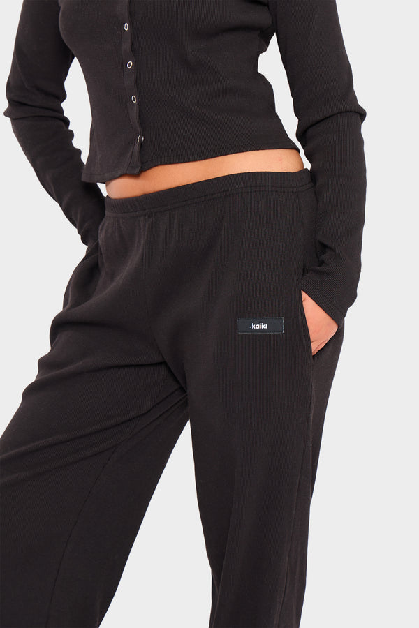 Kaiia Label Logo Rib Wide Leg Trousers Black