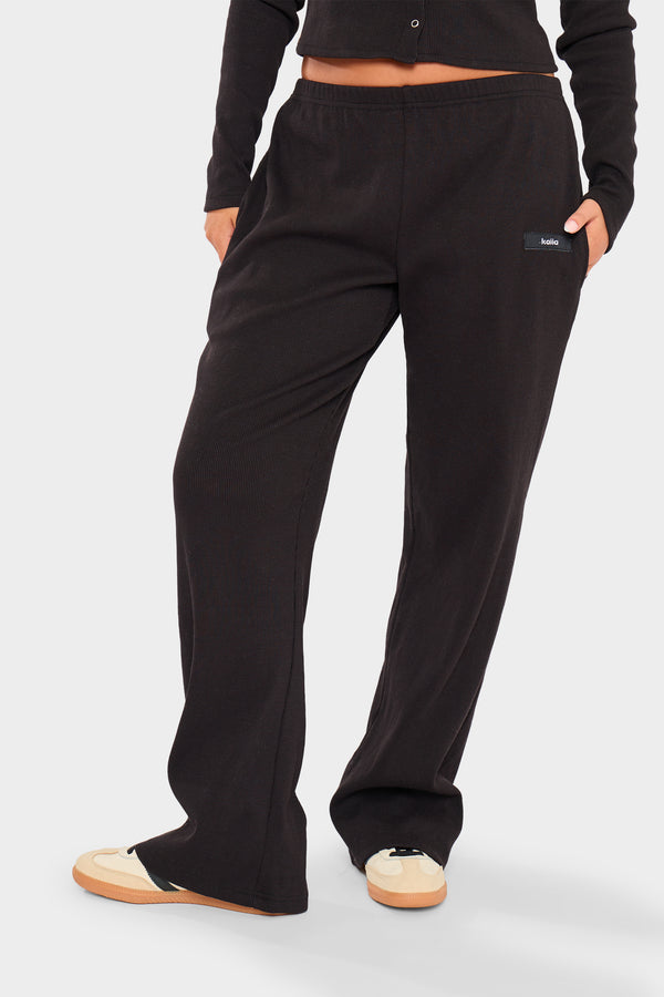 Kaiia Label Logo Rib Wide Leg Trousers Black