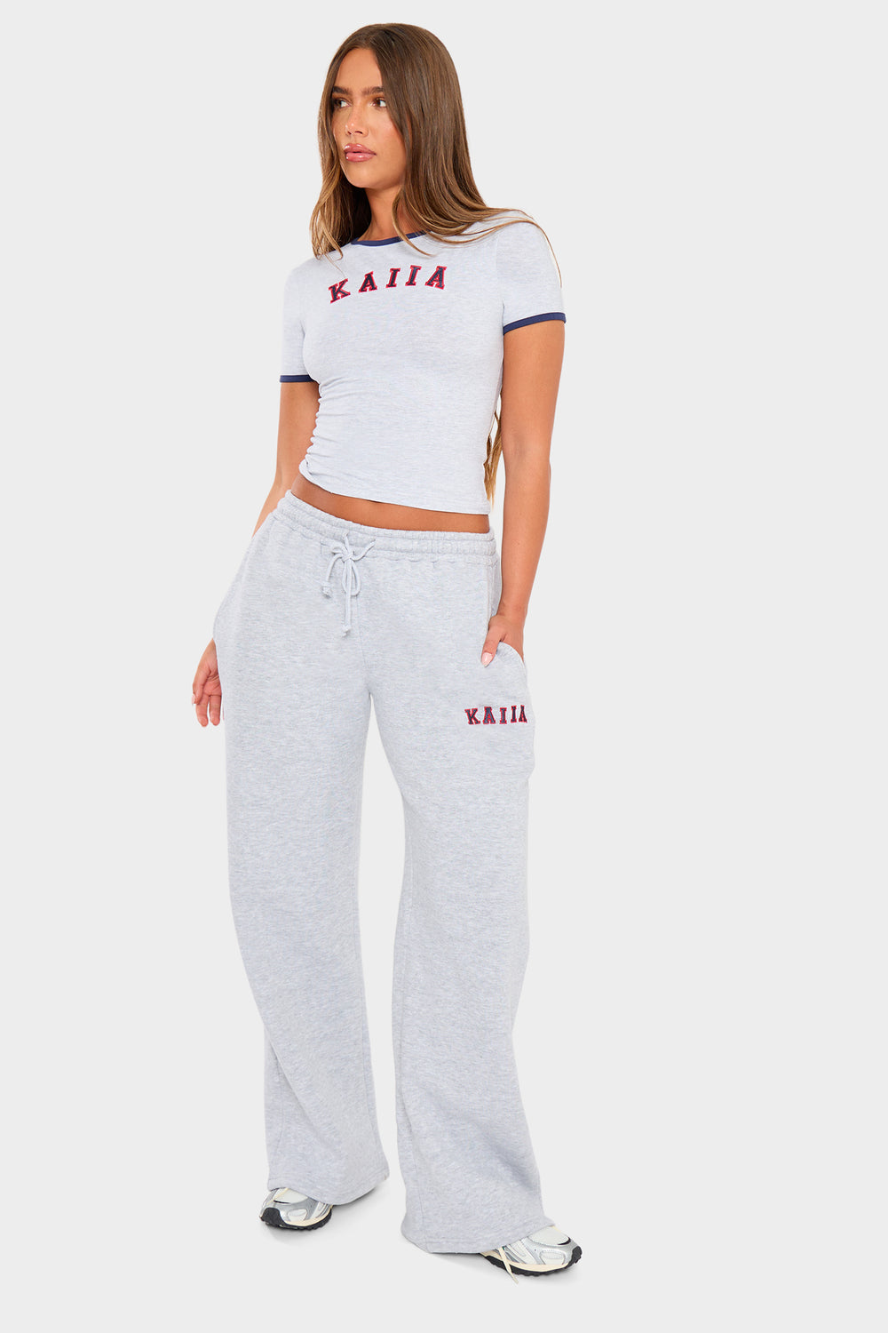 Kaiia Slogan Straight Leg Joggers Light Grey Marl & Red