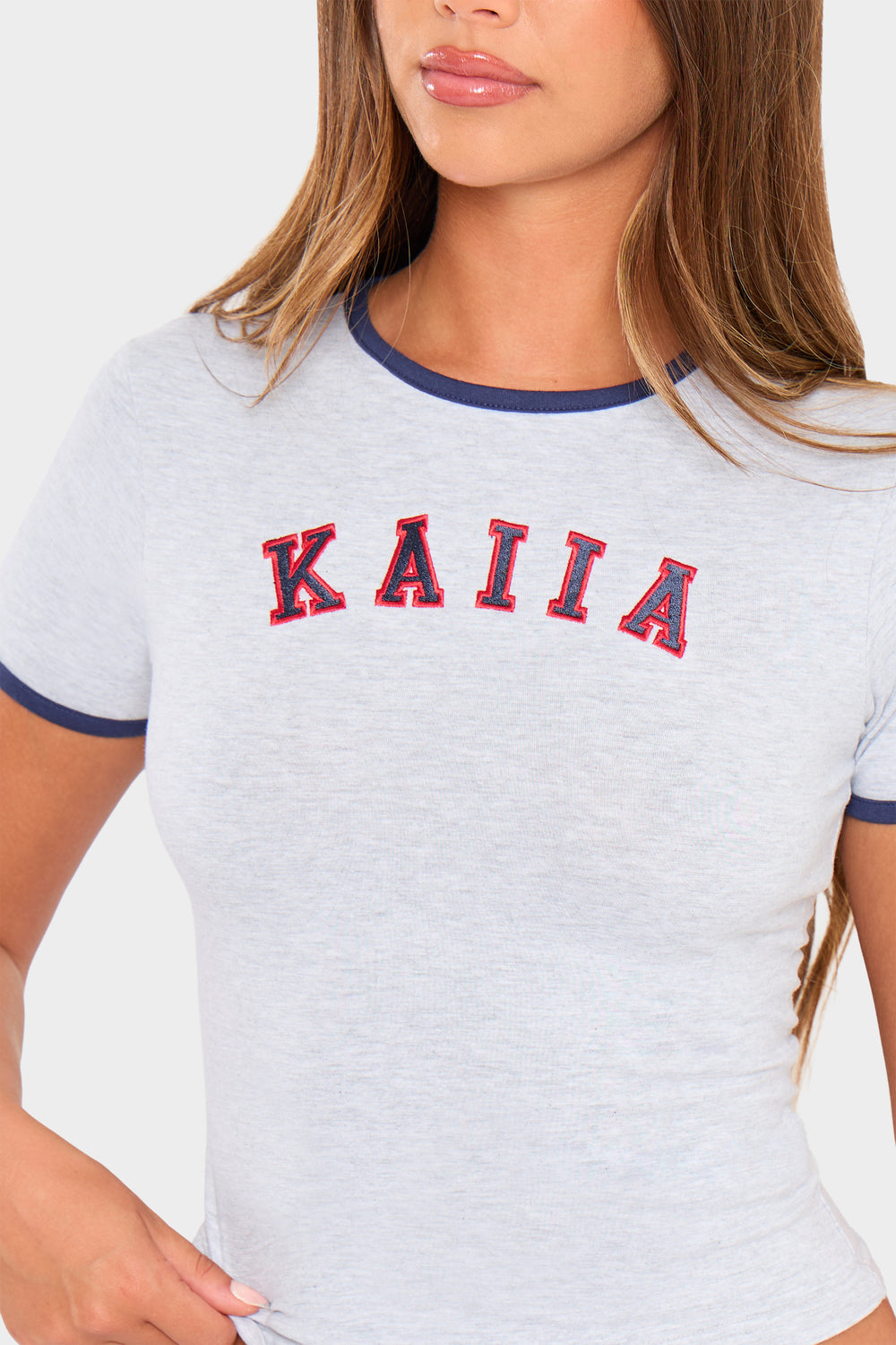 Kaiia Slogan Baby Tee Light Grey Marl & Red
