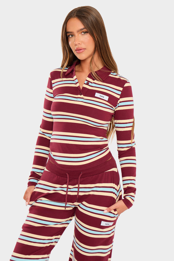 Kaiia Striped Label Logo Long Sleeve Polo Top Burgundy & Baby Blue