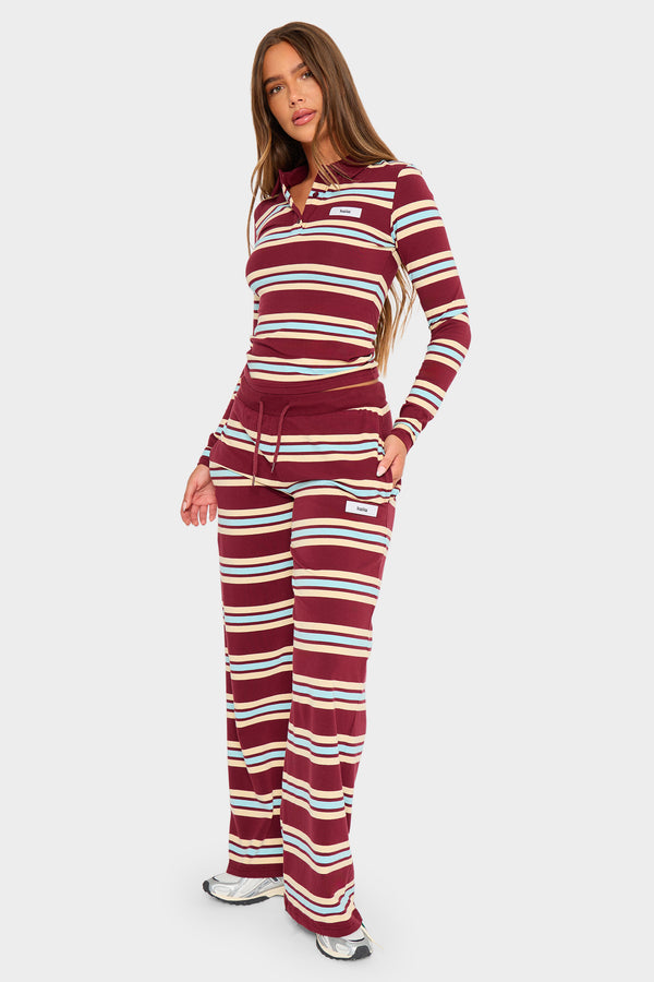 Kaiia Striped Label Logo Long Sleeve Polo Top Burgundy & Baby Blue
