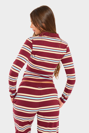Kaiia Striped Label Logo Long Sleeve Polo Top Burgundy & Baby Blue