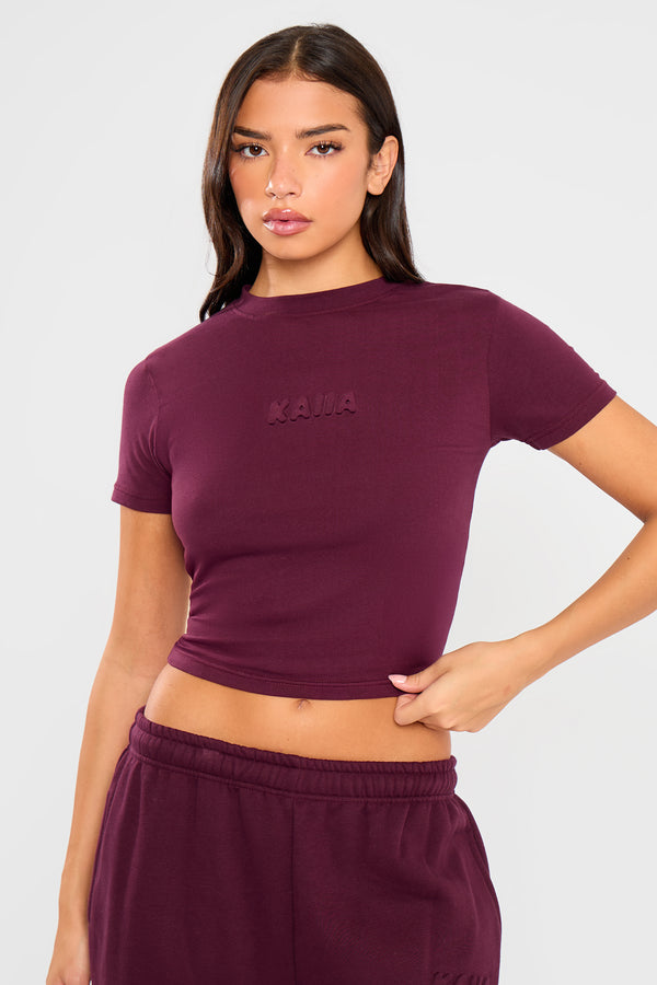 Kaiia Embossed Bubble Logo Baby Tee Deep Merlot