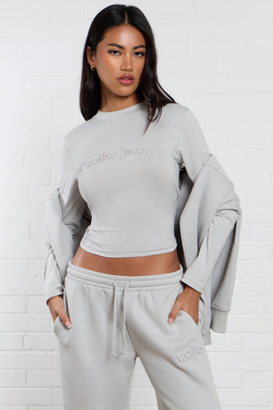 Kaiia Jeans Embossed Long Sleeve Baby Tee Silver Grey