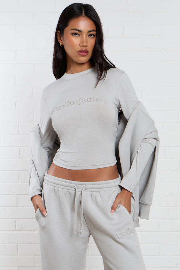 Kaiia Jeans Embossed Long Sleeve Baby Tee Silver Grey