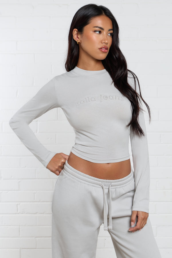 Kaiia Jeans Embossed Long Sleeve Baby Tee Silver Grey