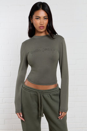 Kaiia Jeans Embossed Long Sleeve Baby Tee Smoke Olive