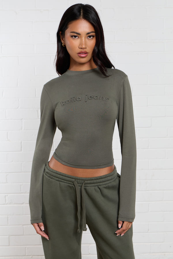 Kaiia Jeans Embossed Long Sleeve Baby Tee Smoke Olive