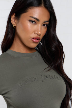 Kaiia Jeans Embossed Long Sleeve Baby Tee Smoke Olive