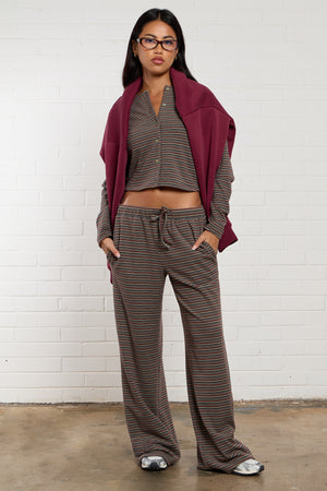 Kaiia Striped Fleece Button Up Cardigan Brown Multi