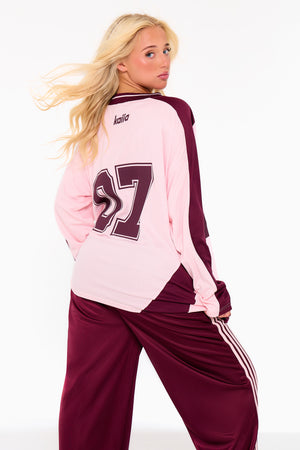 Kaiia Oversized Long Sleeve Football Top Pink & Burgundy