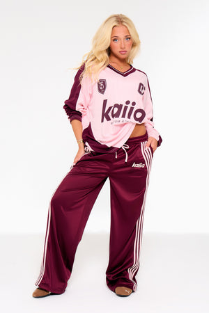 Kaiia Oversized Long Sleeve Football Top Pink & Burgundy