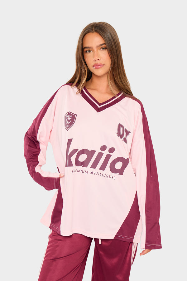 Kaiia Oversized Long Sleeve Football Top Pink & Burgundy