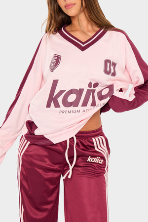 Kaiia Oversized Long Sleeve Football Top Pink & Burgundy
