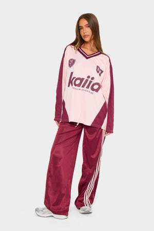 Kaiia Oversized Long Sleeve Football Top Pink & Burgundy