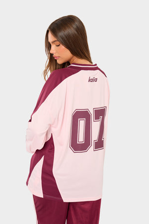 Kaiia Oversized Long Sleeve Football Top Pink & Burgundy