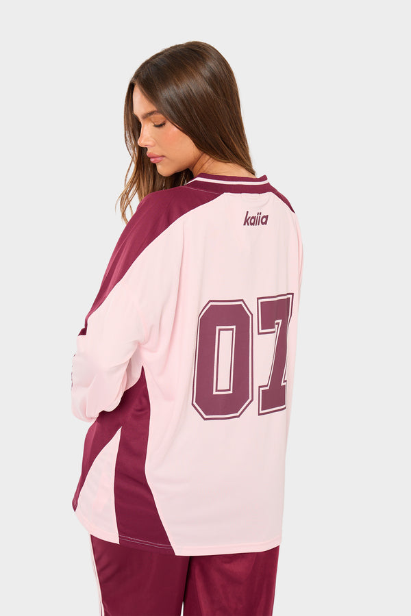 Kaiia Oversized Long Sleeve Football Top Pink & Burgundy