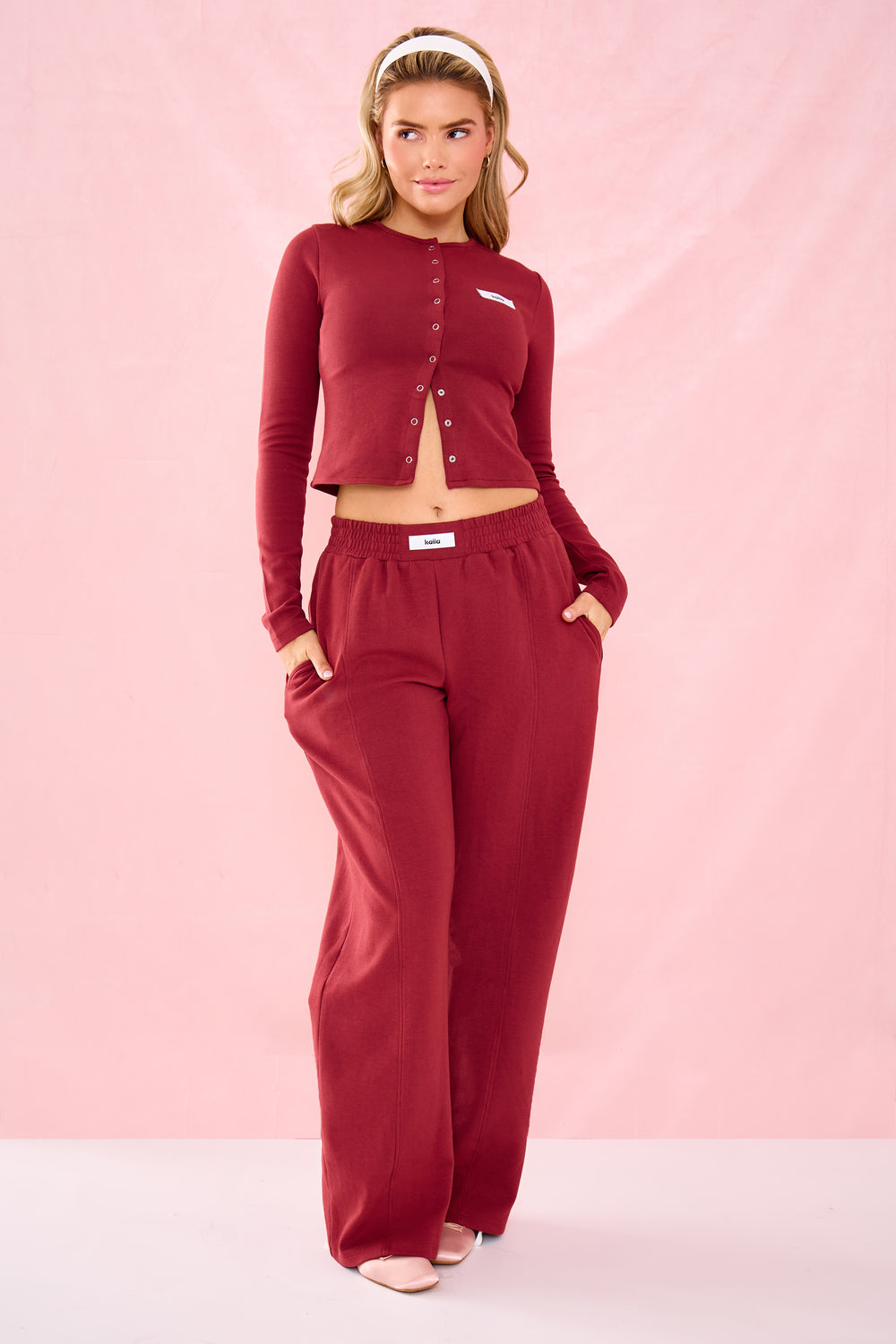 Kaiia Label Logo Premium Interlock Button Down Long Sleeve Top Warm Berry